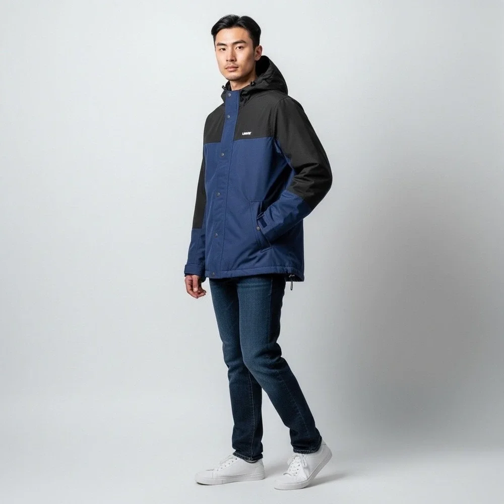 Levi's Men's Fleece Lined Shell Jacket Size M Blue‎ Black Hooded Water Resistant